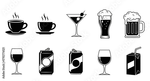 Variety of Drinks Black and White Illustration Beverages and Cocktail Menu Graphics