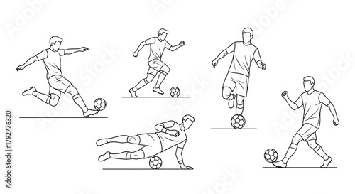 Dynamic Soccer Players in Action with Ball Line Art Illustration Sports and Teamwork
