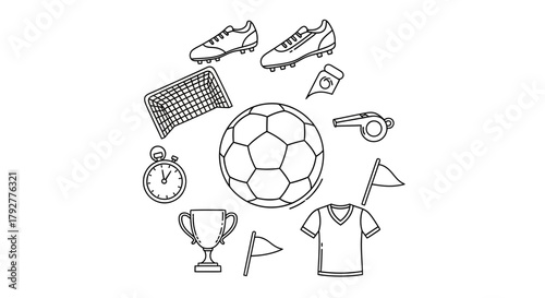 Soccer Game Illustration Ball Cleats Goal Net Whistle Trophy Clock Jersey Flags