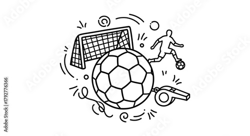 Soccer Game Elements Doodle Style Goal Whistle Player Ball Sketch Illustration