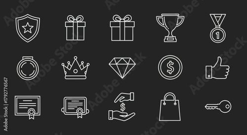 Reward Elements Black Background Icon Set Shields Gifts Trophies Titles Money