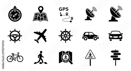 Navigation Icons Set Compass Map Satellite Transport Signs and Directional Symbols