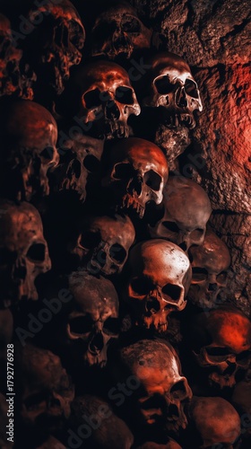 Dark Collection of Skulls Against a Red Background in an Eerie Setting.