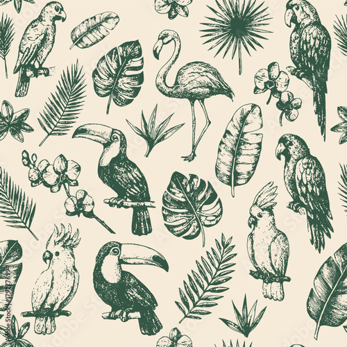 Elegant hand-drawn seamless pattern of exotic birds and tropical foliage in vintage style. Perfect for textile prints, wallpaper, and botanical design projects.
