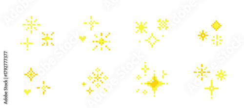 Pixel set sparks, retro game stars, whimsical y2k 8 bit elements. Glittering sparkles, fireworks 90 s aesthetics. Collection Sparkling stars pixel art.