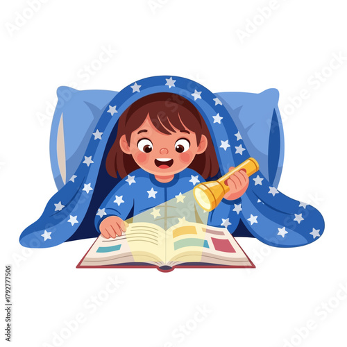 Cute Girl Reading Book Under Blanket with Flashlight Illustration