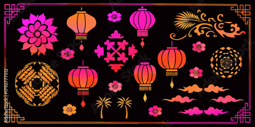 Vibrant gradient chinese lanterns and traditional ornaments on black background