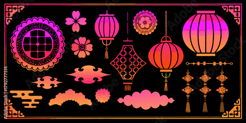Collection of traditional asian decorative elements including lanterns flowers clouds and ornaments in vibrant gradient colors