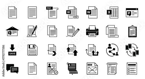 Document Icons Set for Office Work and Digital File Management Systems