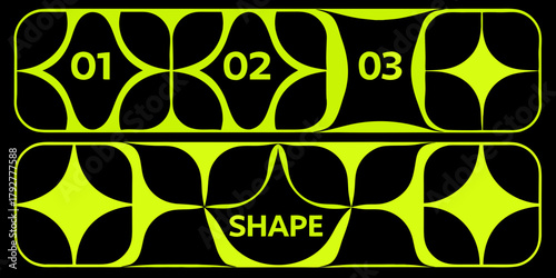 Abstract neon green geometric shapes and numbers on black background
