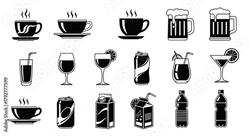 Drinks Icons Set Coffee Beer Soda Juice Glass Bottle Vector Image Collection