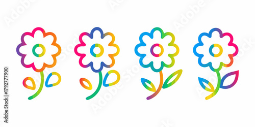 Four colorful line art flowers with rainbow gradient on white background