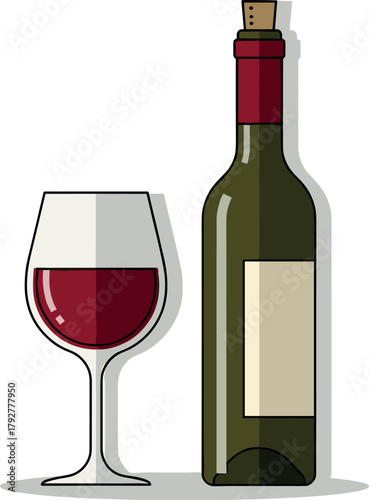 Bottle and Glass of Red Wine, Flat Design Illustration