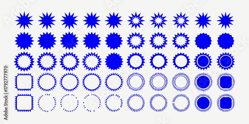 Collection of blue starburst shapes and decorative circular frames on a white background