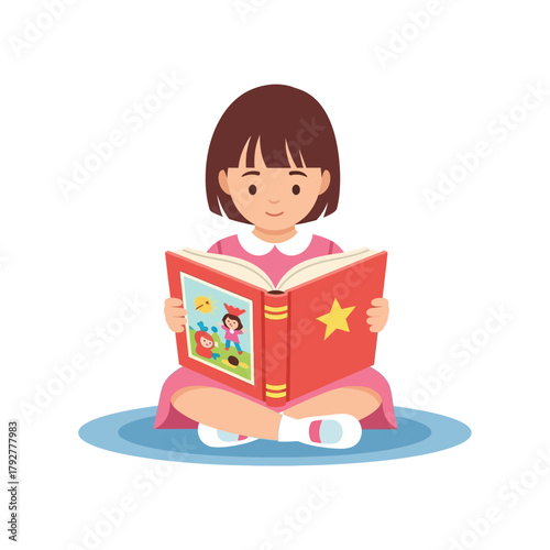 Cute Little Girl Reading a Story Book Cartoon Illustration