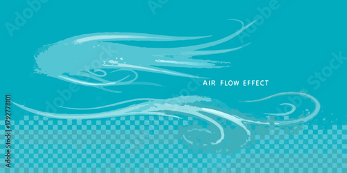 Abstract light blue air flow effect with swirling wisps and checkered pattern background