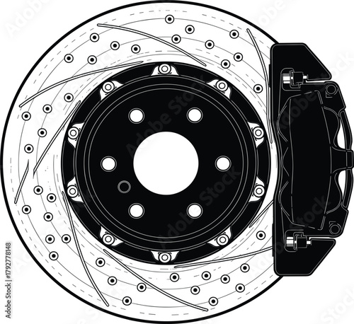 Vector Disc Brake Rotor and Caliper, Slotted, Drilled Brake System, Automotive Technical Line Art Illustration