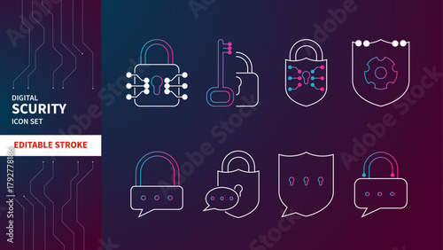 Digital security icon set with locks shields etc.