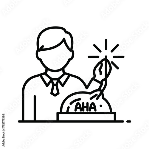 Person pressing a button with aha text and a shining light bulb