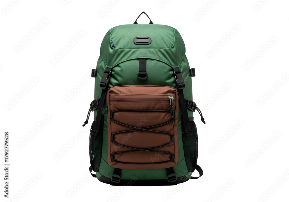 Naklejka premium Green hiking backpack with leather pouch isolated on transparent background