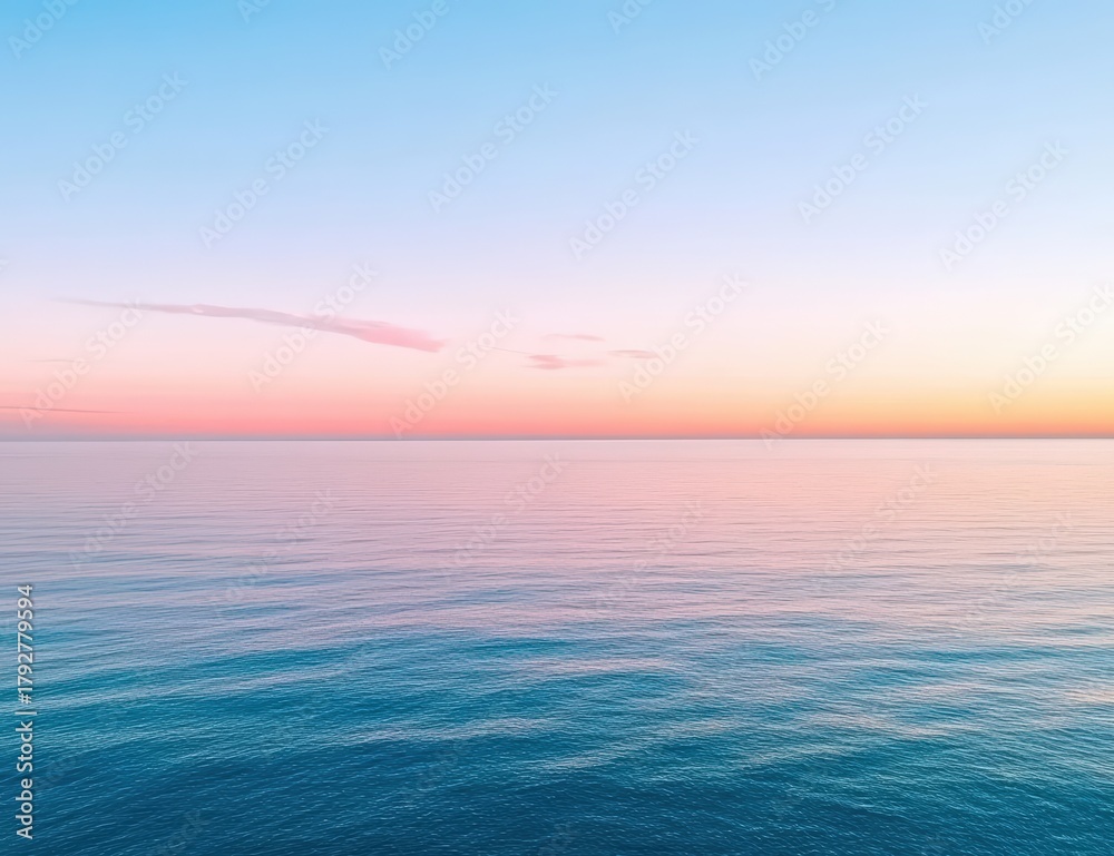 Fototapeta premium A serene ocean view at sunset, showcasing calm waters and a gradient sky filled with soft pastel hues.
