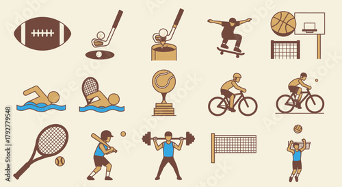 Collection of various sports icons, including swimming, cycling, and basketball, in a flat design style.
