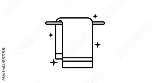 Line art illustration of a towel hanging on a towel rack with sparkles.