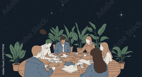 A diverse group of people sitting around a wooden table at night, collaborating to solve a large jigsaw puzzle together under a starry sky.