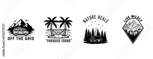 Nature adventure logos with mountains, palm trees, cabin, and wildlife themes