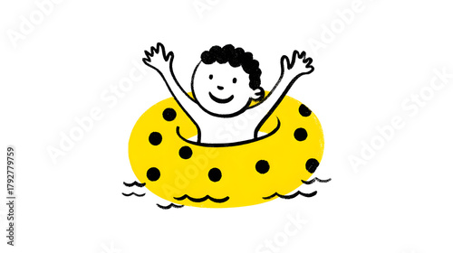 Happy child enjoying summer fun in a yellow polka dot inflatable pool float