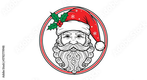 A detailed illustration of Santa Claus's face with a red hat and holly.