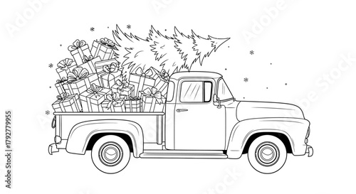 A vintage pickup truck overflowing with wrapped gifts and a Christmas tree on top, ready for delivery.