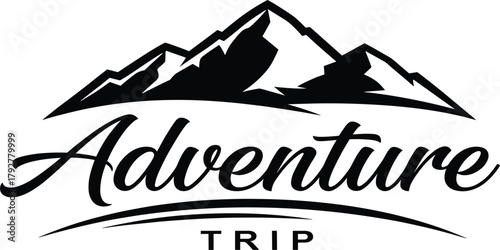 Adventure Trip Vector Mountain Logo, Black and White Outdoor Travel Emblem, Peak, Summit, and Nature Crest