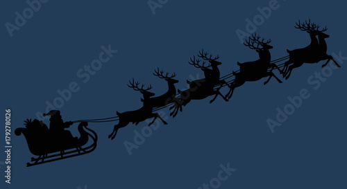 A silhouette of Santa Claus in his sleigh pulled by reindeer flying across a dark night sky.