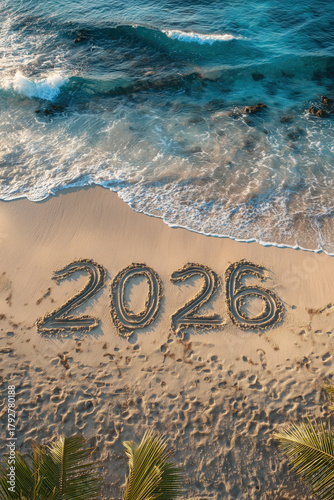 celebrate 2026 on a sandy beach with ocean waves and palm trees, new years eve day, vacation, silvester, prosit, portrait format, photorealistic