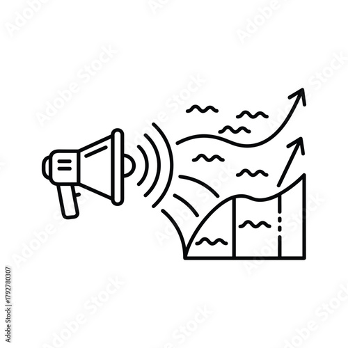 Megaphone emitting sound waves towards a growing graph