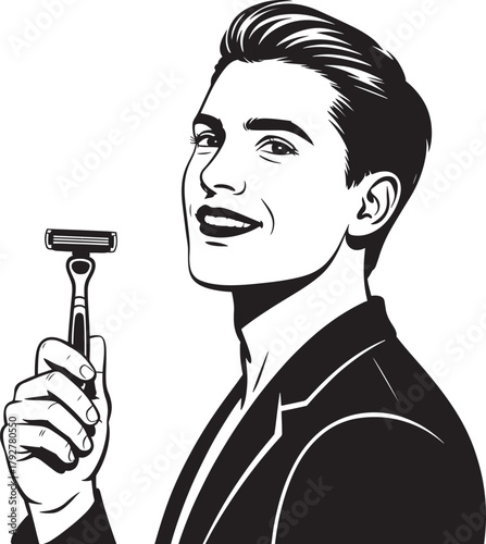 Confident man holding razor ready for shaving in black and white