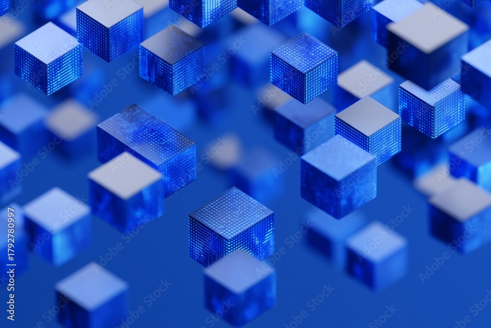Obraz premium Floating Blue Cubes Create a Modern Digital Landscape in Abstract Design
