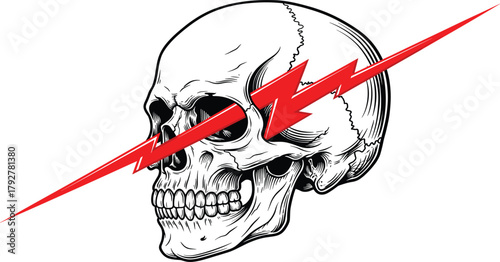Vector Illustration of Human Skull with Red Lightning Bolt, High Voltage Danger, Power Symbol, and Tattoo Design