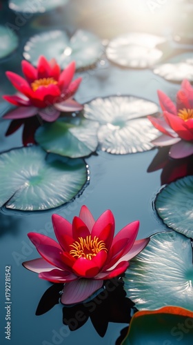 Beautiful Water Lilies Blooming on Serene Pond Under Soft Sunlight