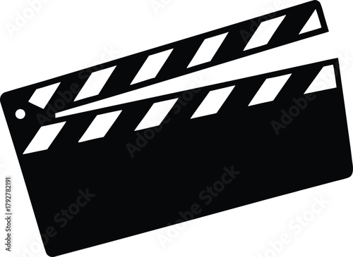 Film clapper board silhouette graphic, movie slate or action board icon for video production.