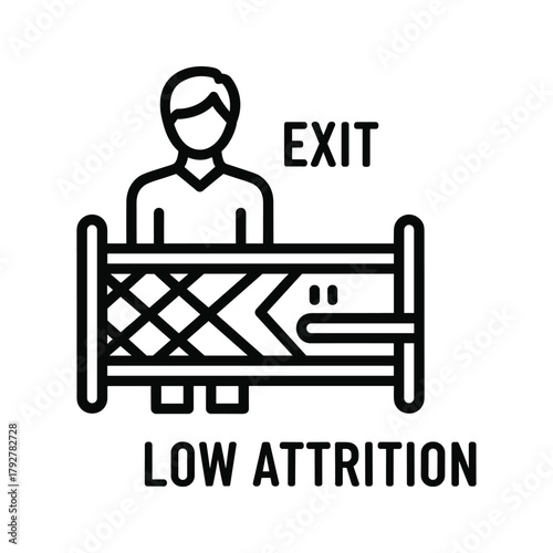 Icon representing low attrition with a person exiting a barrier