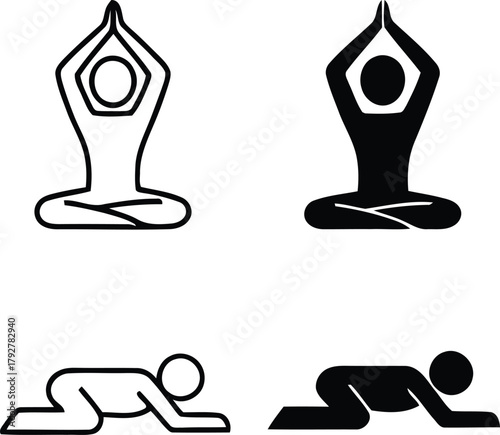 Yoga poses icons silhouette and outline meditation and relaxation