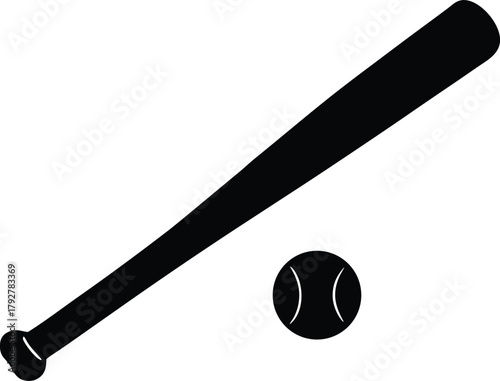 Baseball bat and ball silhouette vector illustration, standard sport equipment design element