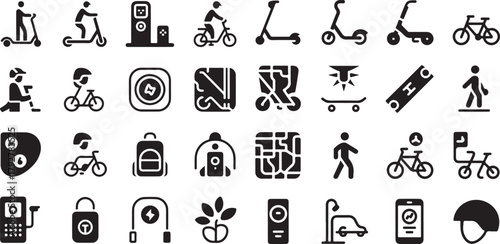 Urban Mobility and Electric Scooter Transportation Icon Set Vector