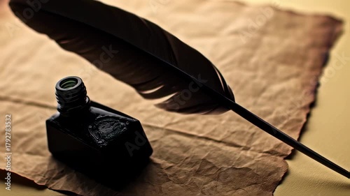 Close-up of an inkwell, quill pen, and aged parchment paper against a warm, neutral background
