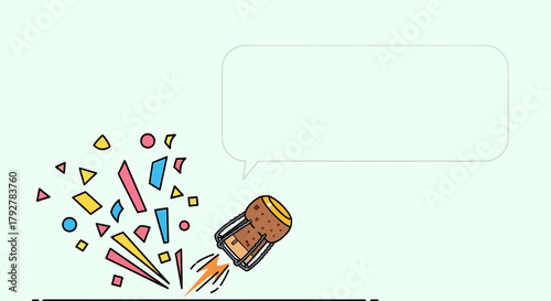 Cartoon Champagne Cork Launching With Confetti And Speech Bubble Space