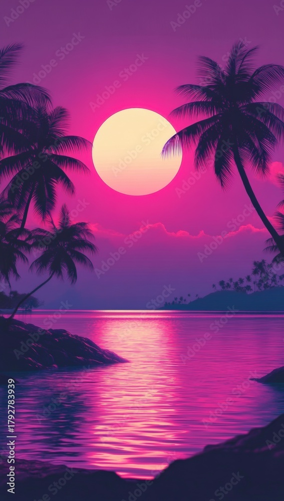 Naklejka premium A vibrant sunset over a tranquil sea, framed by silhouetted palm trees, creating a peaceful and tropical atmosphere.