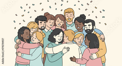 Diverse Group Hugging Together In Celebration With Confetti Falling