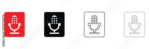 Mic voice over vector icon set, studio microphone recording podcast vector, silhouette and line art